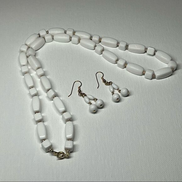 Vintage Demi Parure White Beaded Necklace w/ Matching Hook Earrings - Picture 1 of 11